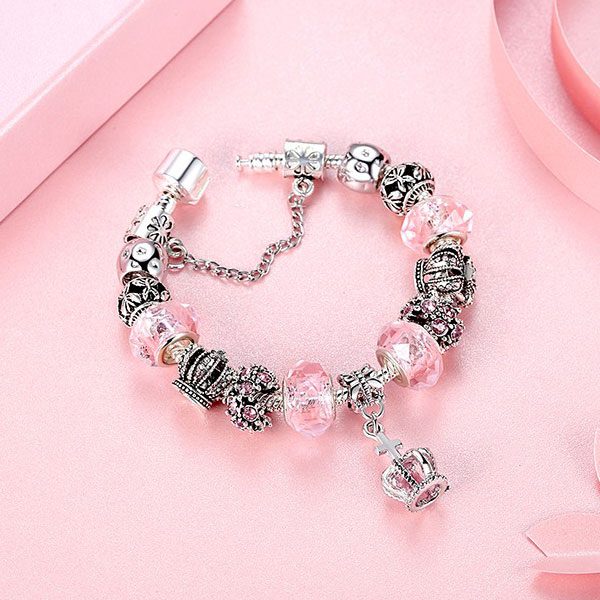 European Fashion Charm Bracelet With Murano Glass Beads-Rose